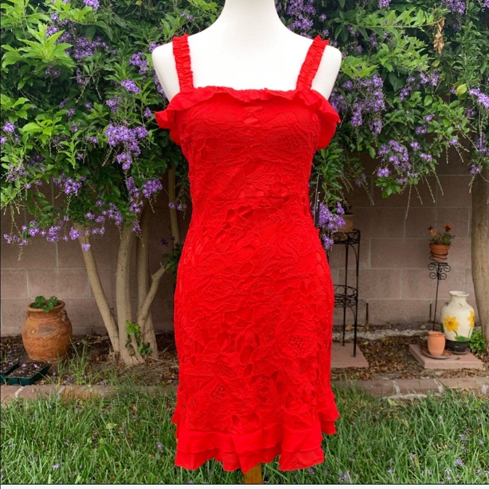 Lulus Deep In Love Red Ruffled Lace Dress - Picture 3 of 9